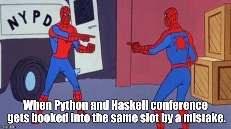 The depiction of Python and Haskell conferences getting booked to the same day