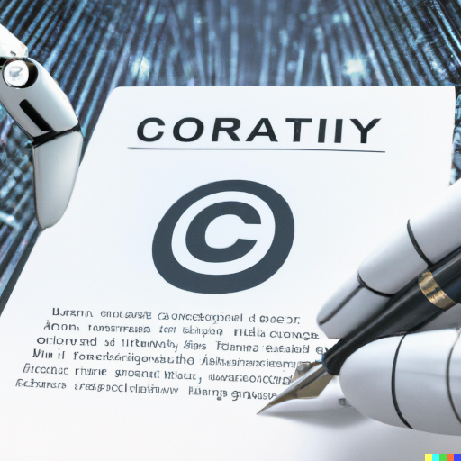 An image depicting the concept of AI-generated content, featuring a robot hand holding a pen, writing on a paper with copyright symbols and legal scales in the background, symbolizing the legal and ethical implications.